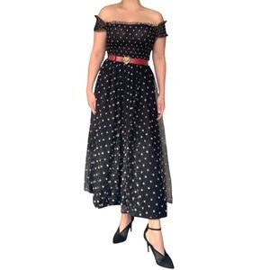 Elise - Elegant Black Polka Dot Off-Shoulder Dress - Small